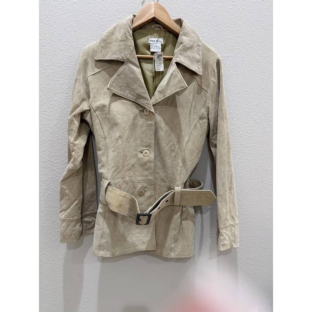 Vintage 90s Y2K Wet Seal Suede Leather Belted Trench Coat L NWT